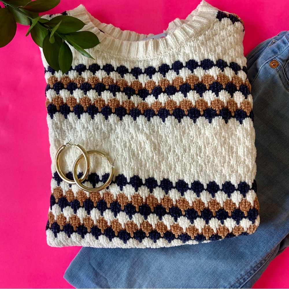 White, Navy Blue, & Brown Patterned Sweater